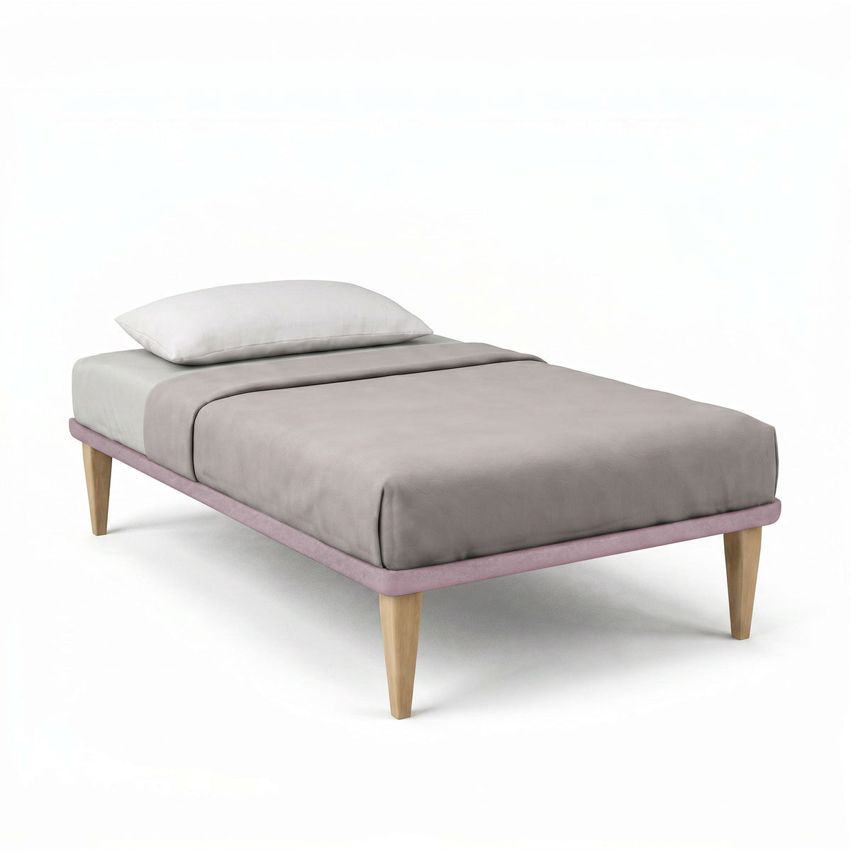 Letto singolo TESSIS glicine con materasso grigio e gambe coniche in legno chiaro, vista tre quarti #colore_Glicine