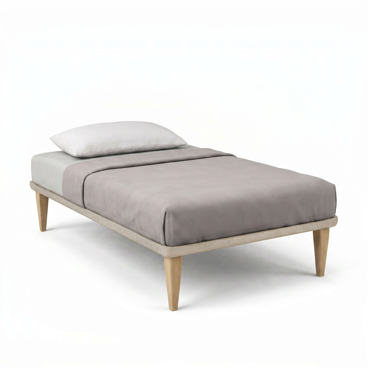 Letto TESSIS sabbia con giroletto in tessuto beige e gambe coniche in legno, vista tre quarti #colore_Sabbia