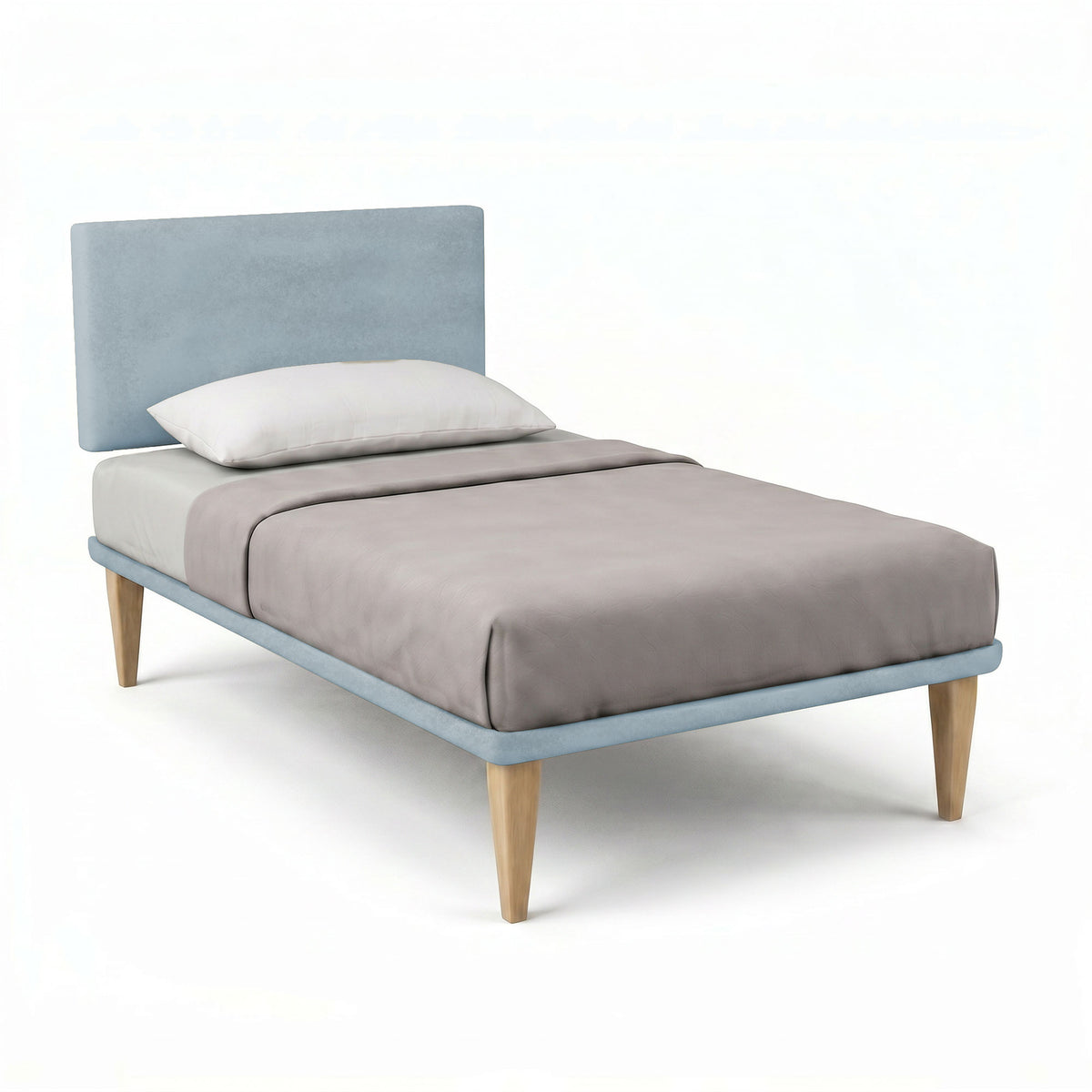 Letto FLAT azzurro con testata e giroletto in microfibra, piumone grigio tortora, vista di tre quarti #colore_Azzurro