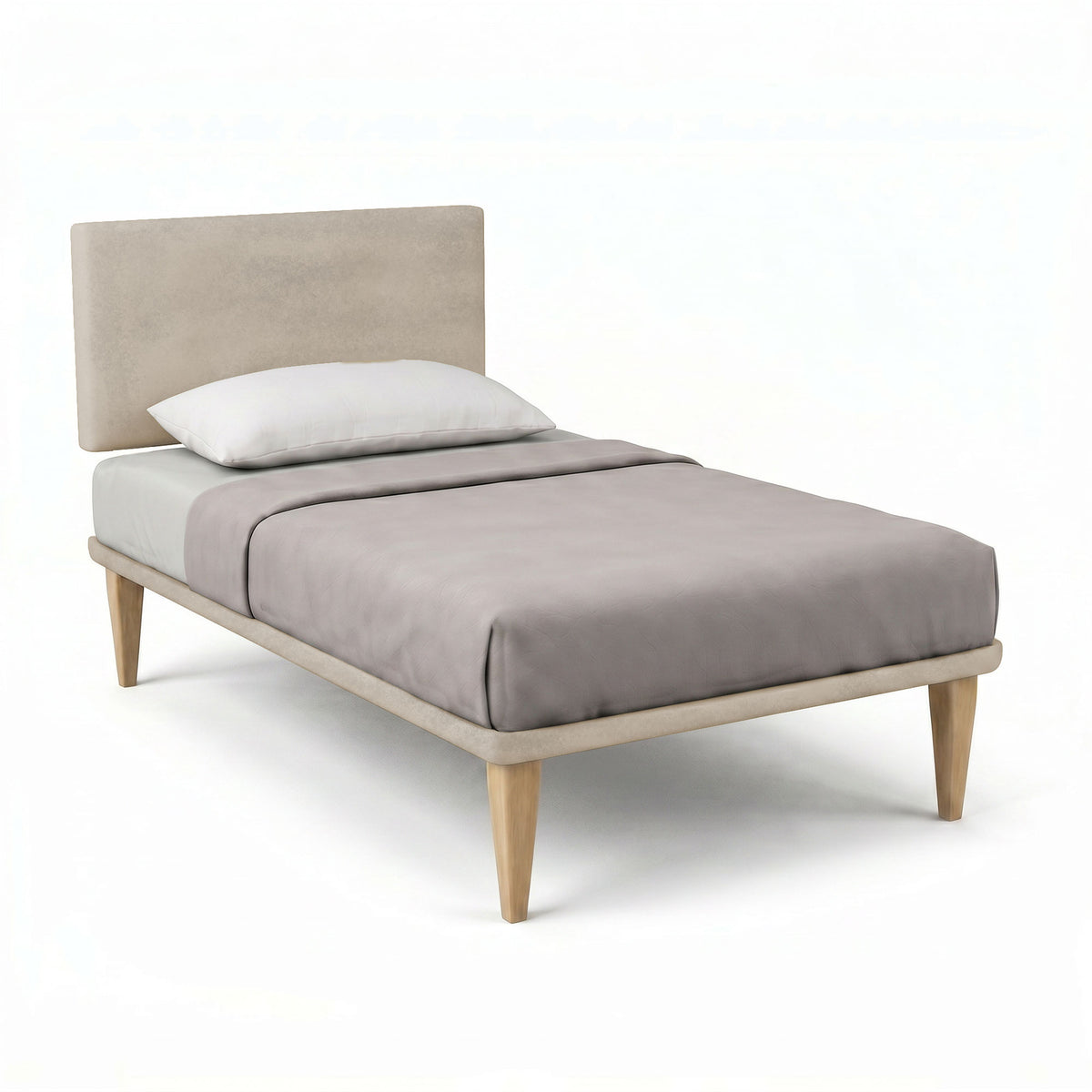 Letto FLAT sabbia con testata imbottita beige, gambe coniche in legno chiaro e copriletto grigio malva #colore_Sabbia