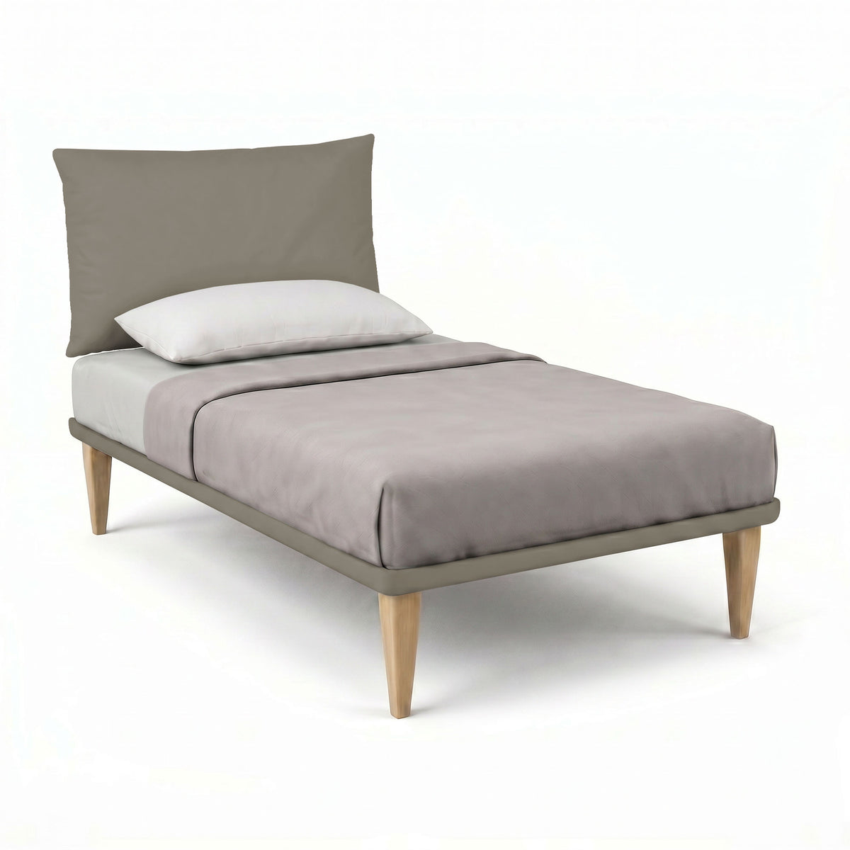 Letto singolo SOFT cappuccino con testiera in similpelle e cuscini, vista a tre quarti #colore_Cappuccino