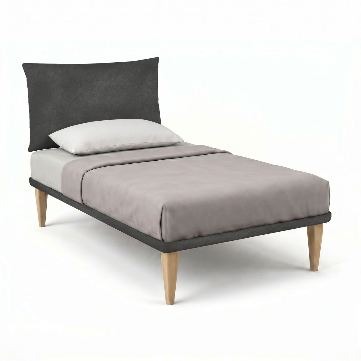 Letto matrimoniale TESSIS grigio antracite con testiera imbottita, vista di tre quarti dal lato piedi #colore_Grigio