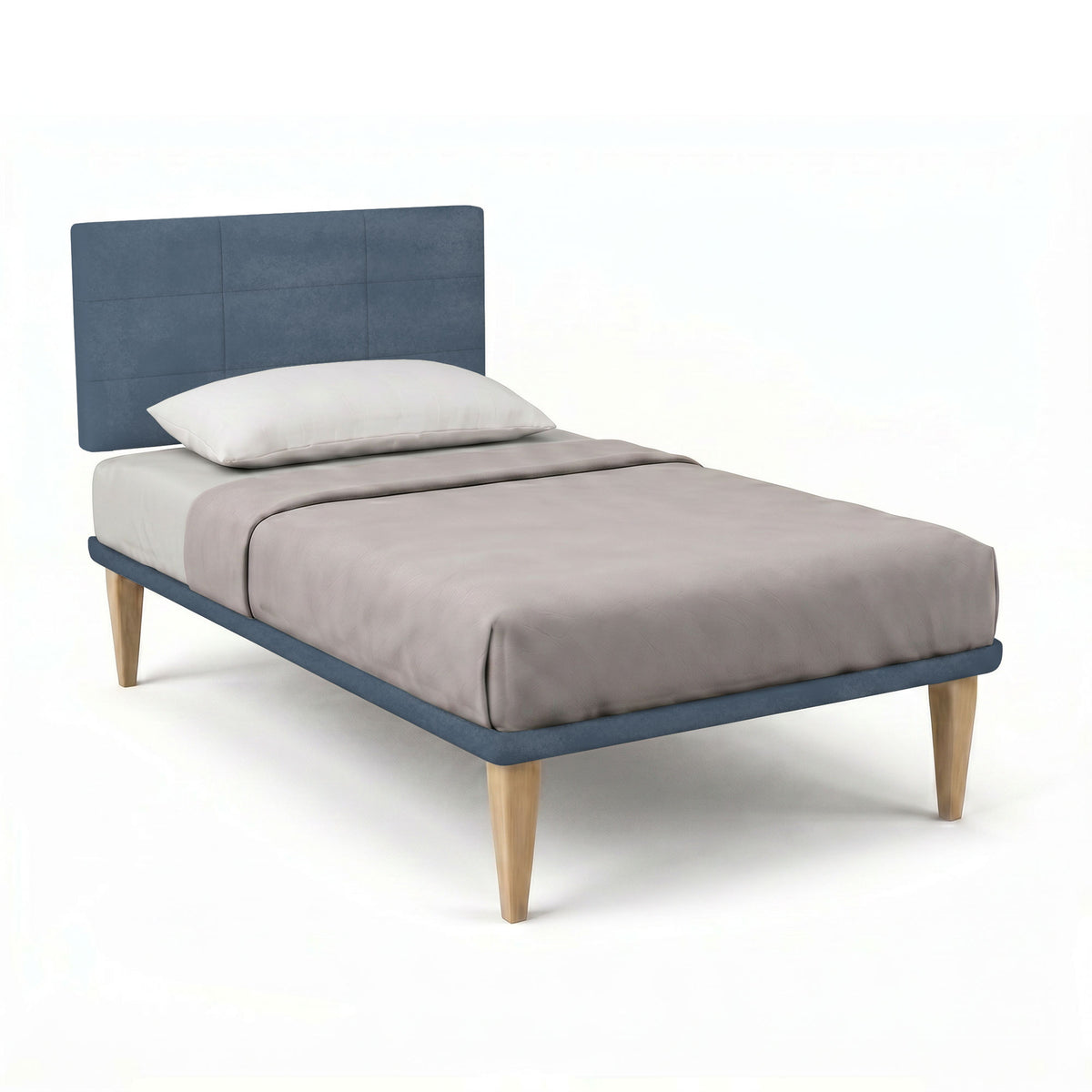 Letto SQUARE blu con testiera alta in microfibra a riquadri, vista tre quarti su fondo bianco #colore_Blu