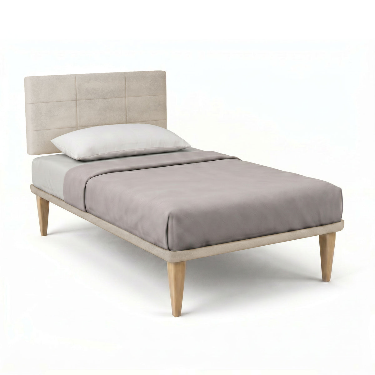 Letto SQUARE sabbia matrimoniale con testiera trapuntata a riquadri, vista tre quarti su fondo bianco #colore_Sabbia