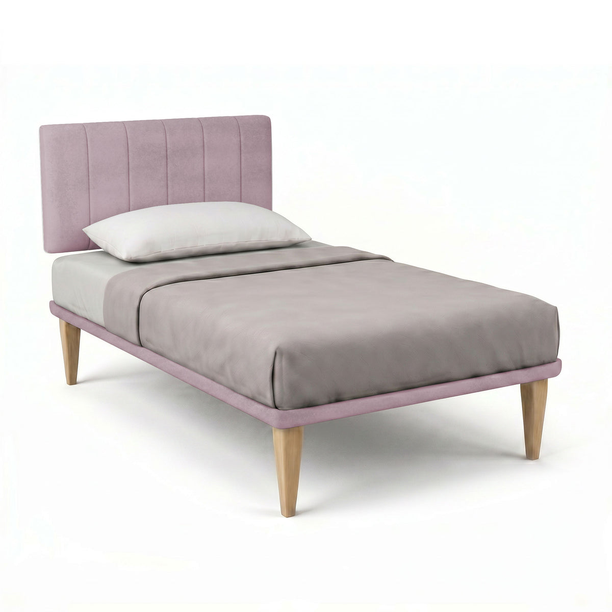 Letto glicine con testata a cinque pannelli, vista di tre quarti su fondo bianco #colore_Glicine
