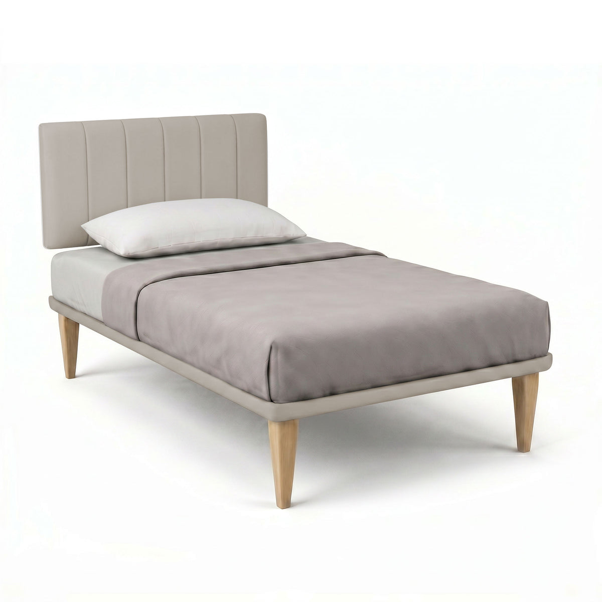 Letto TESSIS tortora con testata a parete imbottita, materasso e cuscino, vista tre quarti #colore_Tortora