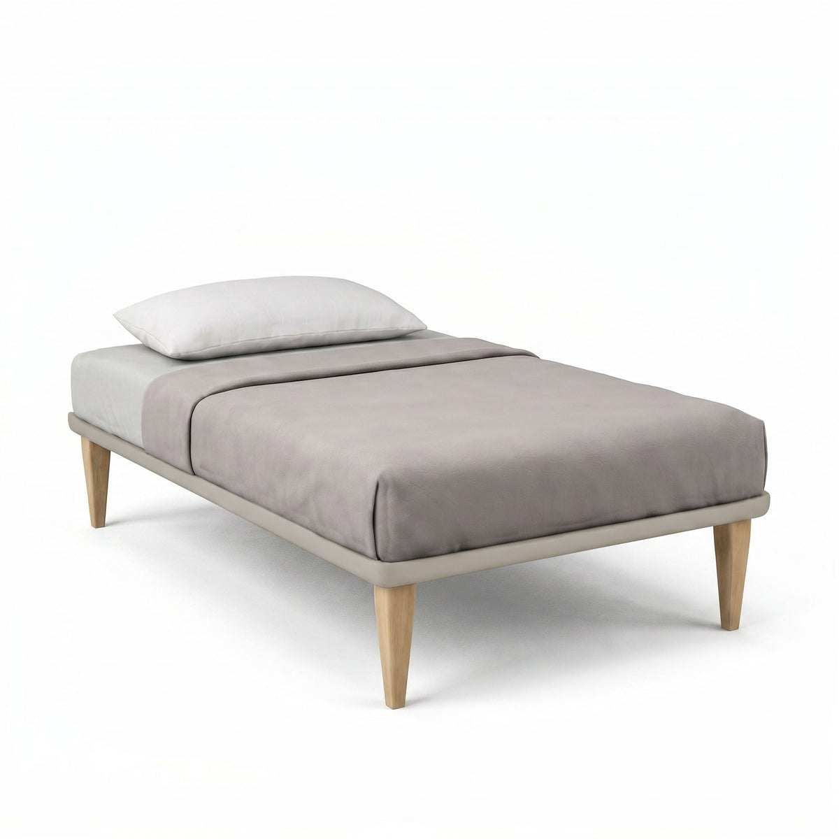 Letto TESSIS tortora visto di tre quarti su fondo bianco, con copriletto grigio e cuscino bianco #colore_Tortora