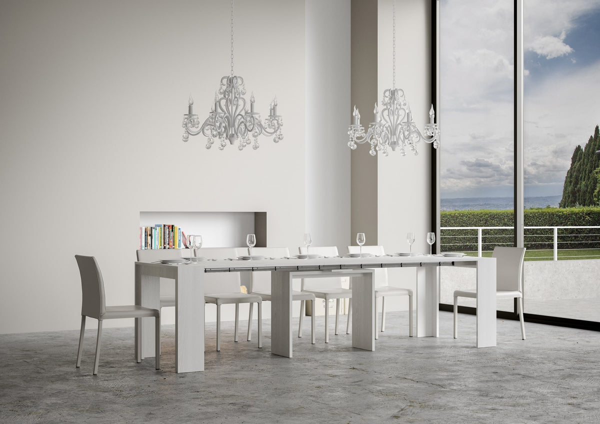Consolle MIA bianco frassino nella configurazione allungata, vista di tre quarti in sala #colore_Bianco Frassino