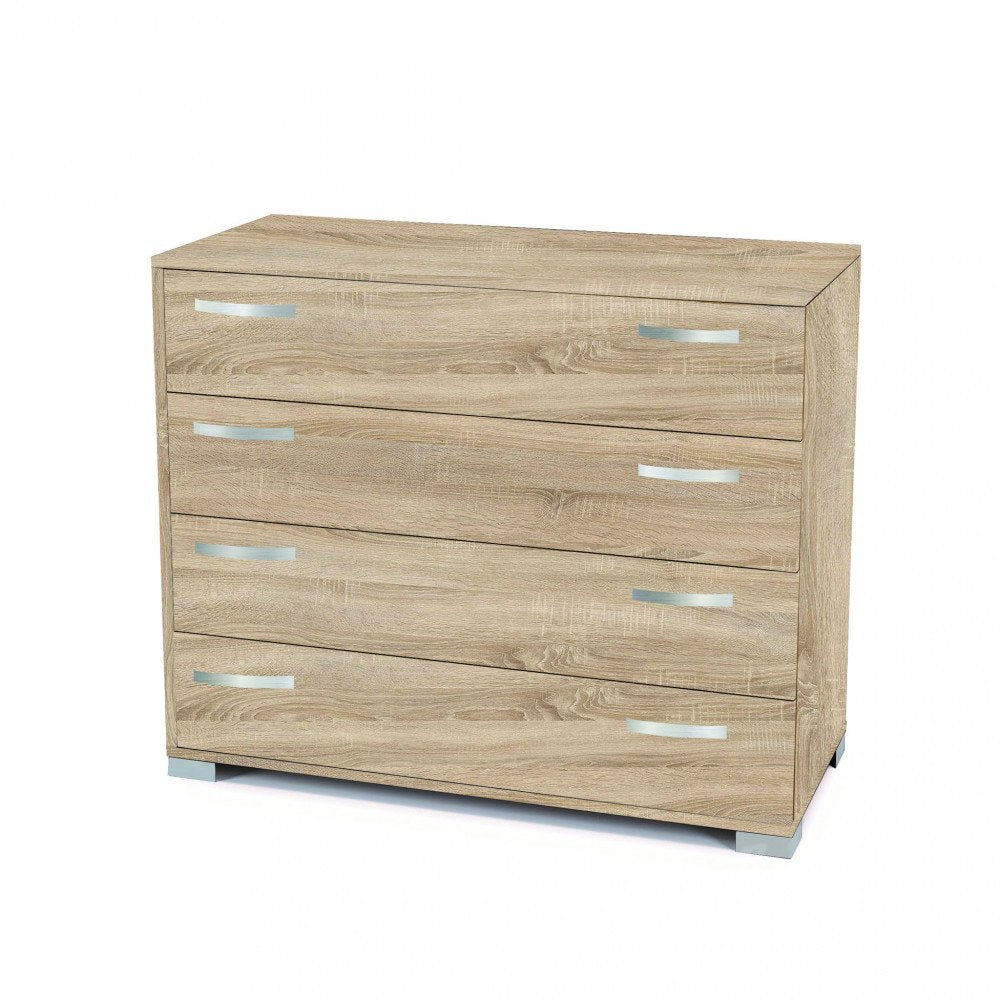 Cassettiera quercia chiaro con maniglie a barra argento su fondo bianco, vista in tre quarti