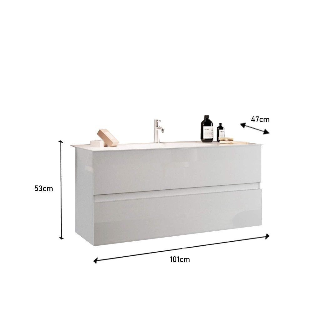 Mobile bagno LORENZO bianco con misure: altezza 53 cm, larghezza 101 cm, profondità 47 cm