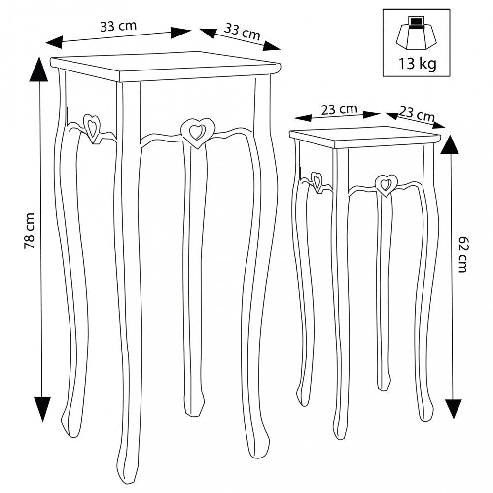 Misure dei tavolini CUORE: piano 33 e 23 cm, altezze 78 e 62 cm