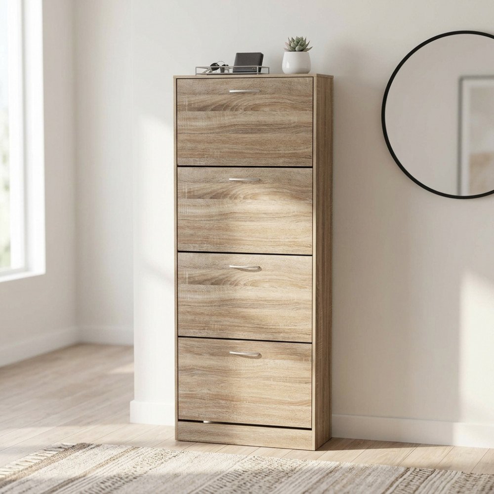 Scarpiera LOLA marrone rovere chiaro frontale in ambiente interno con specchio rotondo #colore_Marrone