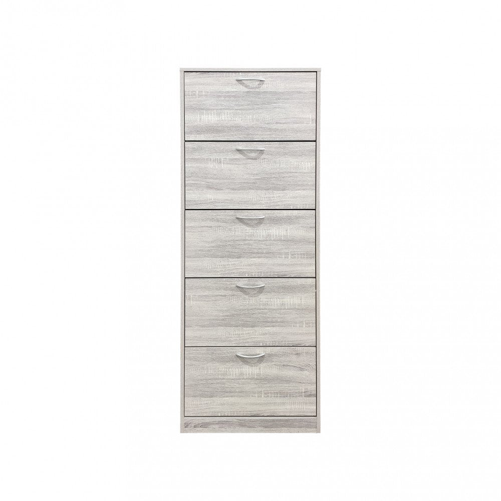 Scarpiera PANDIA grigio chiaro su sfondo bianco, cinque vani chiusi, vista frontale #colore_Grigio chiaro