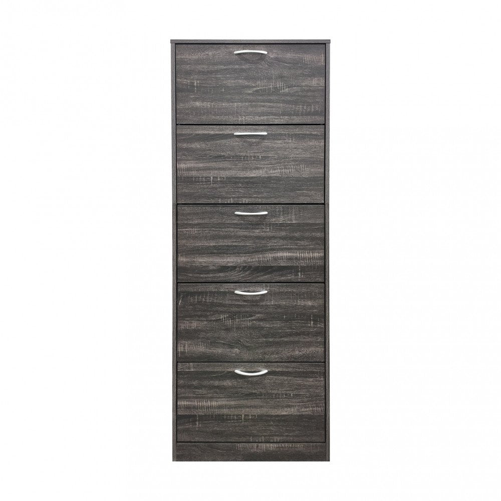 Scarpiera PANDIA grigio scuro a cinque ante chiuse su sfondo bianco, vista frontale intera #colore_Grigio scuro