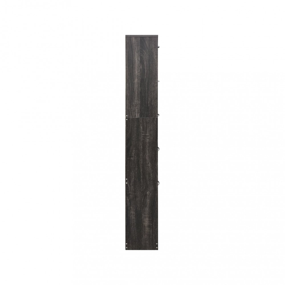 Fianco della scarpiera PANDIA grigio scuro effetto rovere diviso in tre sezioni, vista di profilo #colore_Grigio scuro
