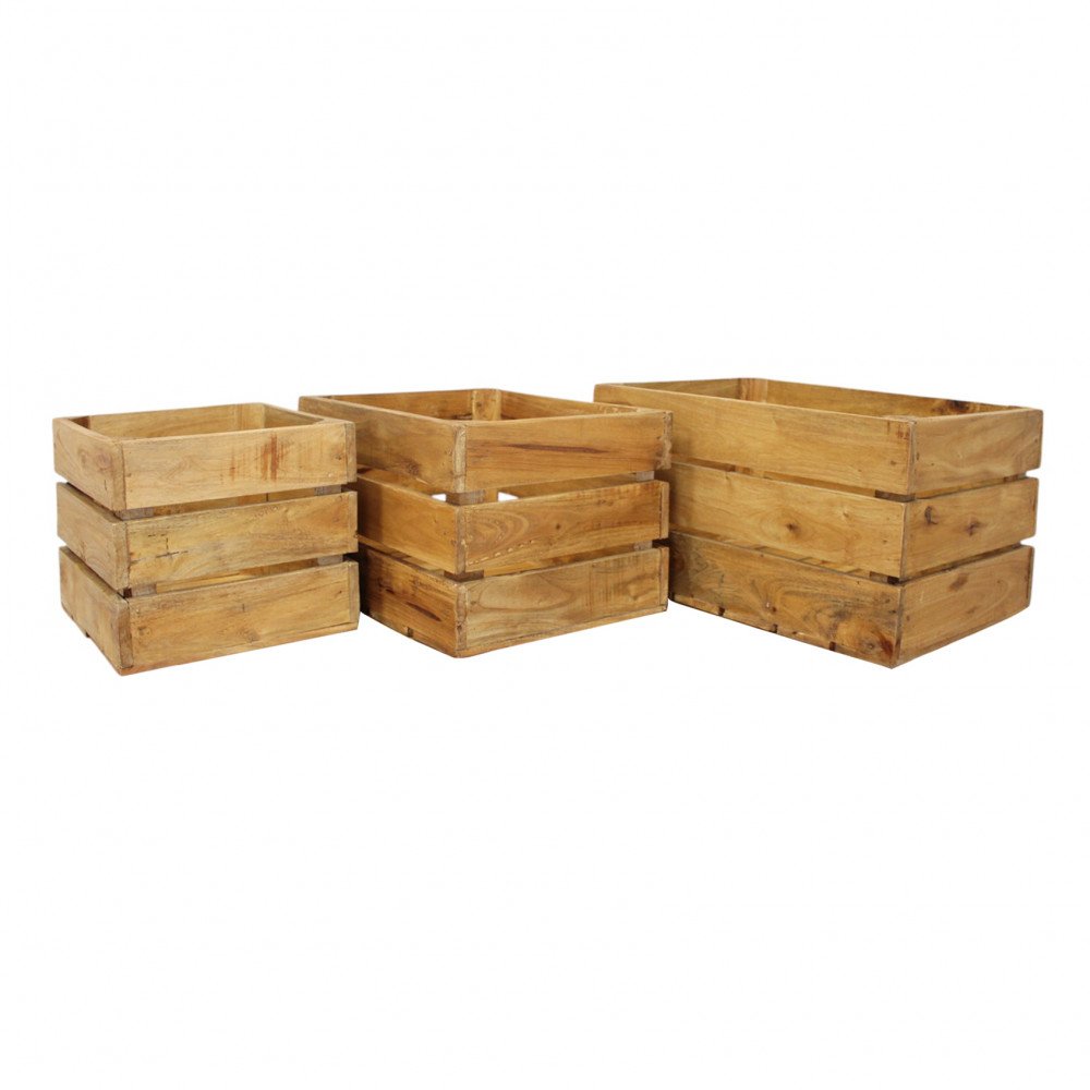 Set di tre cassette CARRIE marrone chiaro di misure diverse affiancate su fondo bianco