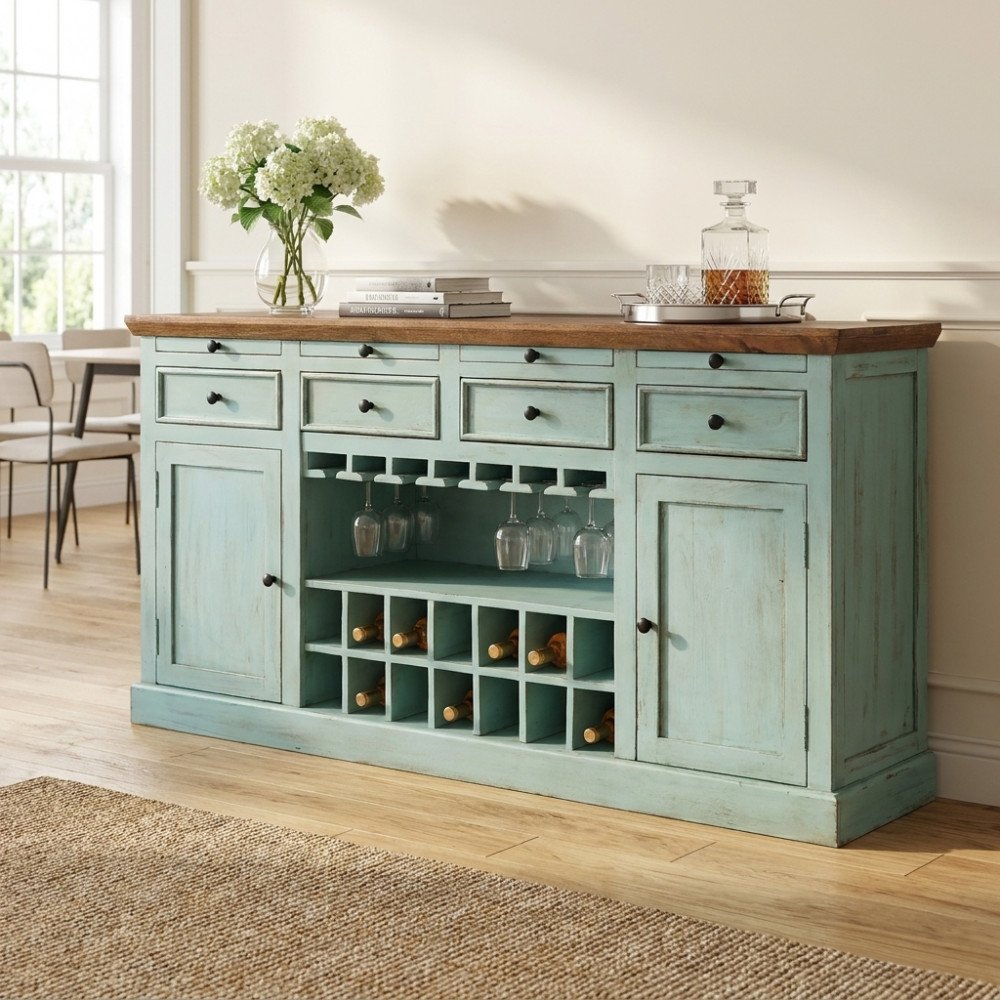 Credenza GORDON azzurra in sala con calici appesi e bottiglie nel vano portabottiglie
