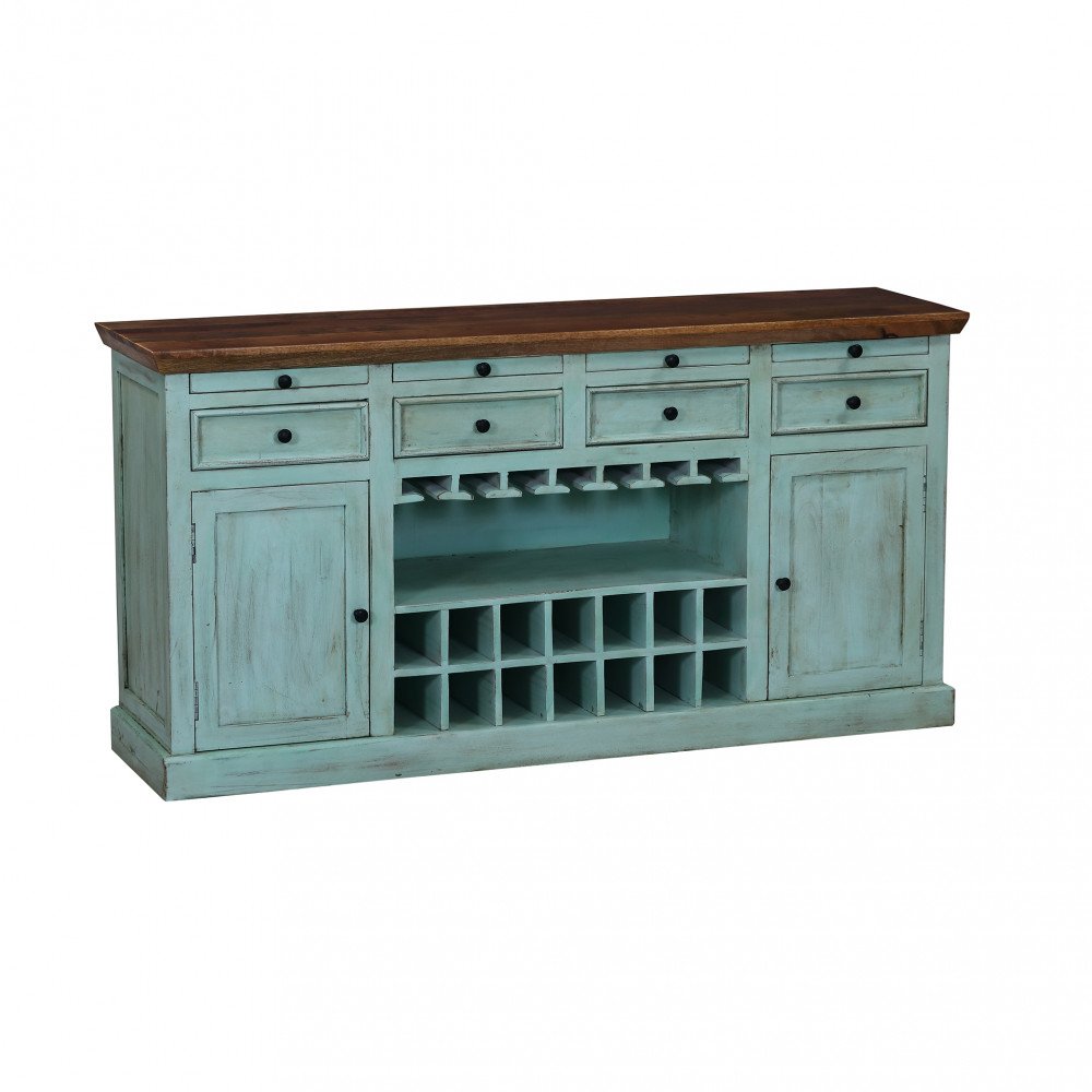 Credenza GORDON azzurra su fondo bianco, vista di tre quarti con vano portabottiglie