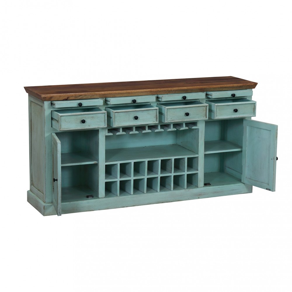 Credenza GORDON azzurra su fondo bianco con cassetti estratti e ante aperte