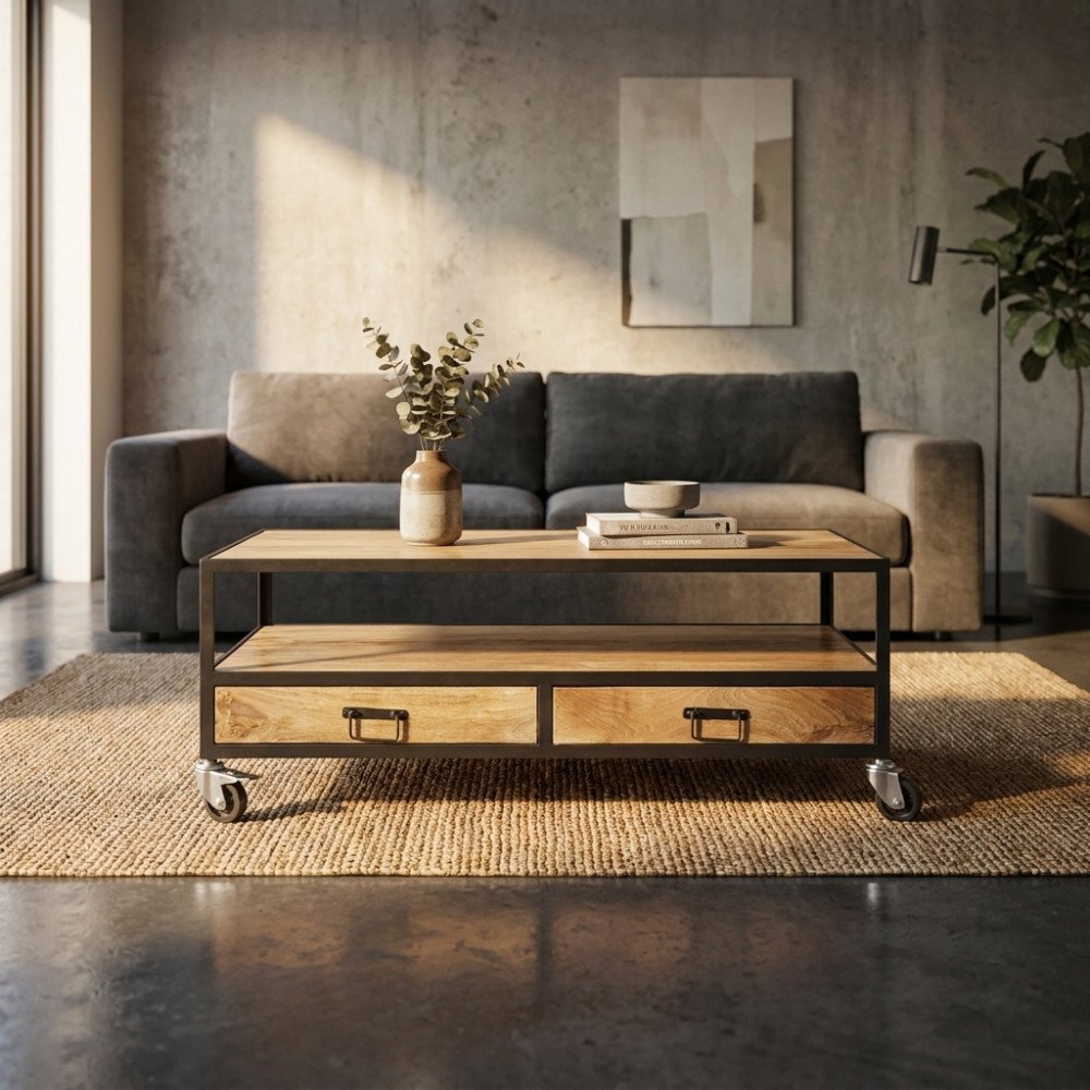 Tavolino da salotto MARLOW marrone frontale con cassetti aperti e brocca in ceramica sul piano