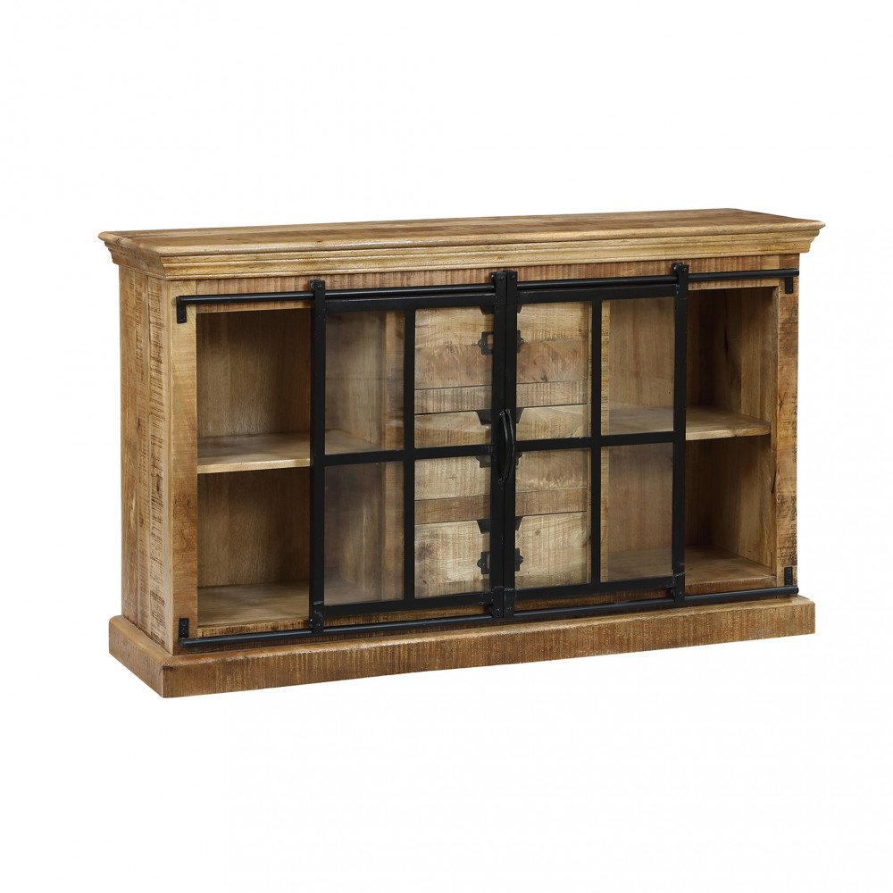 Credenza AVERLY marrone con ante in vetro e piccole porte in legno con serratura