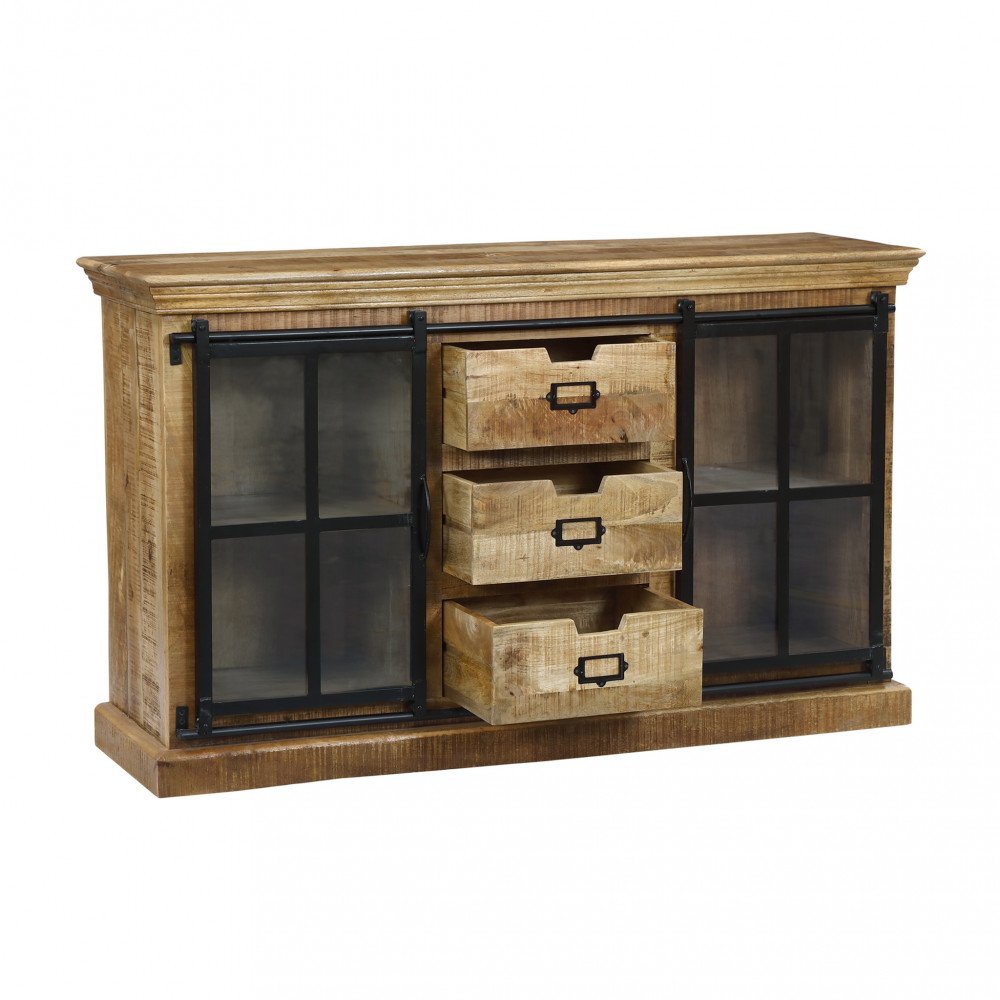 Credenza AVERLY marrone con cassetti leggermente aperti e ante in vetro a quattro riquadri
