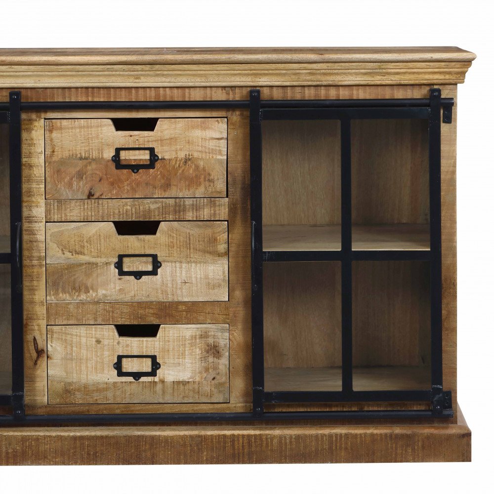 Credenza AVERLY marrone vista frontale ritagliata, dettaglio di anta in vetro a destra