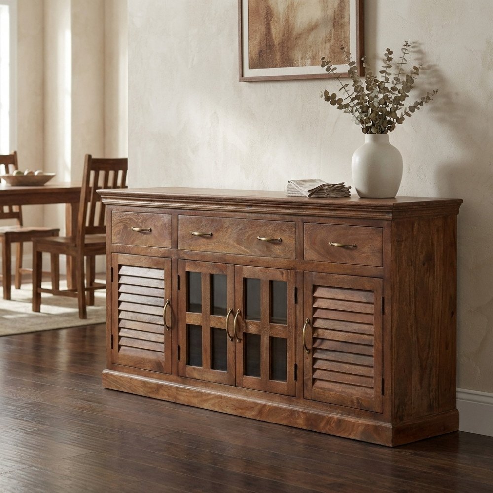 Credenza ANSELM marrone in legno in soggiorno, vista tre quarti con vaso e libro