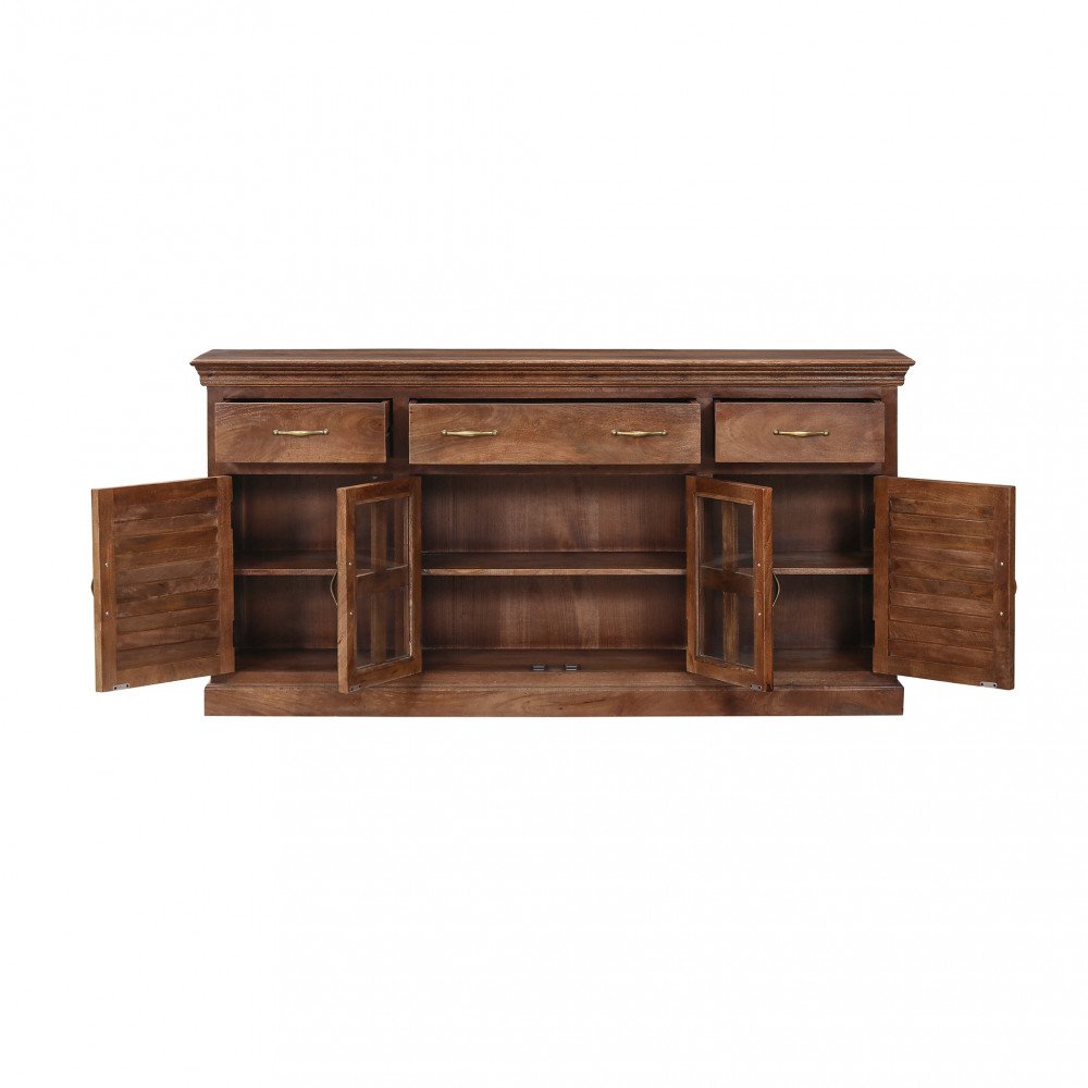 Credenza ANSELM marrone frontale con ante aperte e tre vani interni visibili