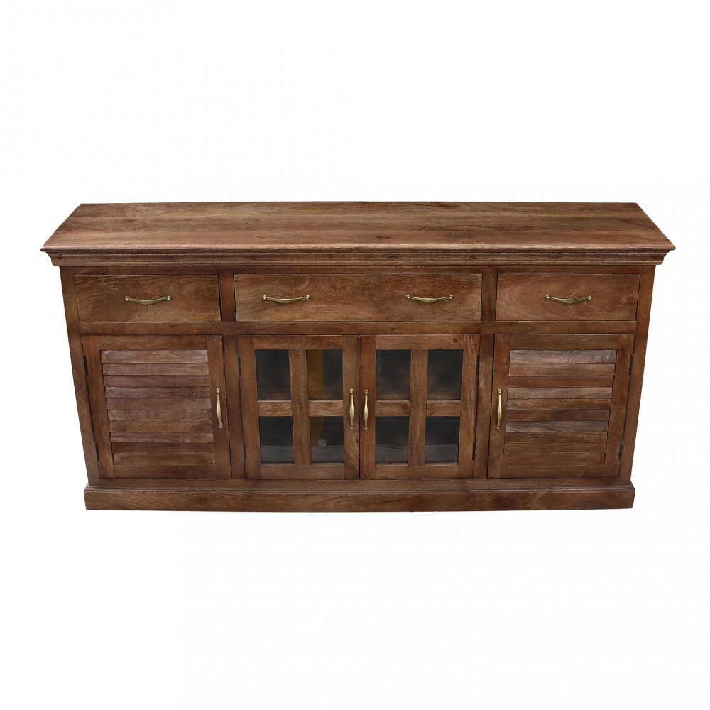 Credenza ANSELM marrone frontale con tre cassetti e ante centrali a vetro su sfondo bianco