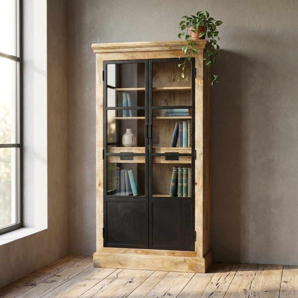 Vetrina CHADWICK in legno marrone in interno, con libri e pianta sopra