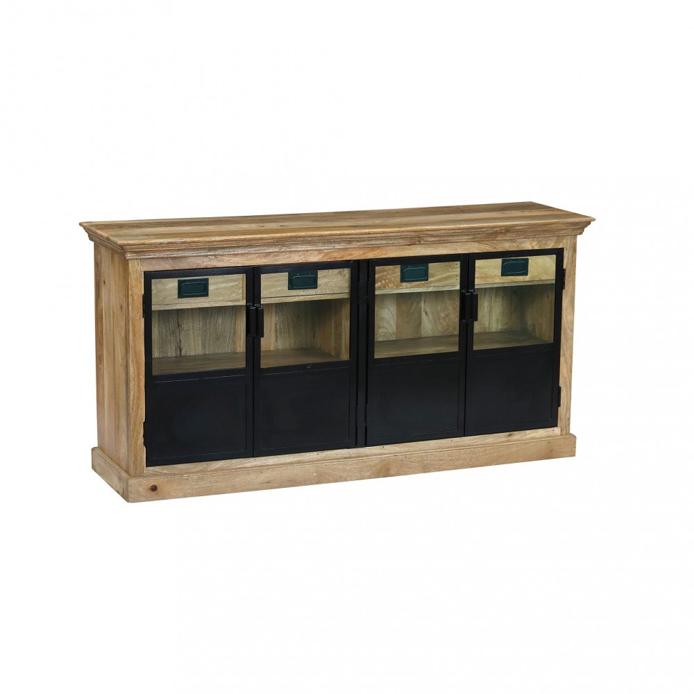 Credenza CLYDE marrone su fondo bianco, vista di tre quarti con ante in vetro e legno