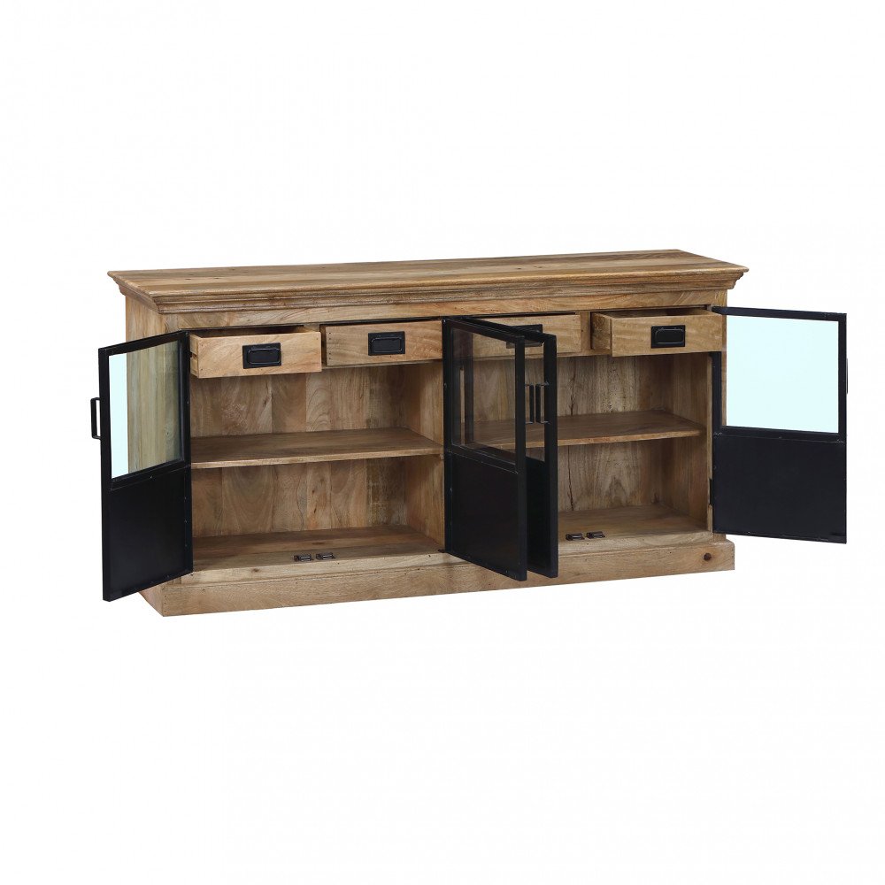 Credenza CLYDE marrone frontale con tre ante aperte e tre cassetti con maniglie nere
