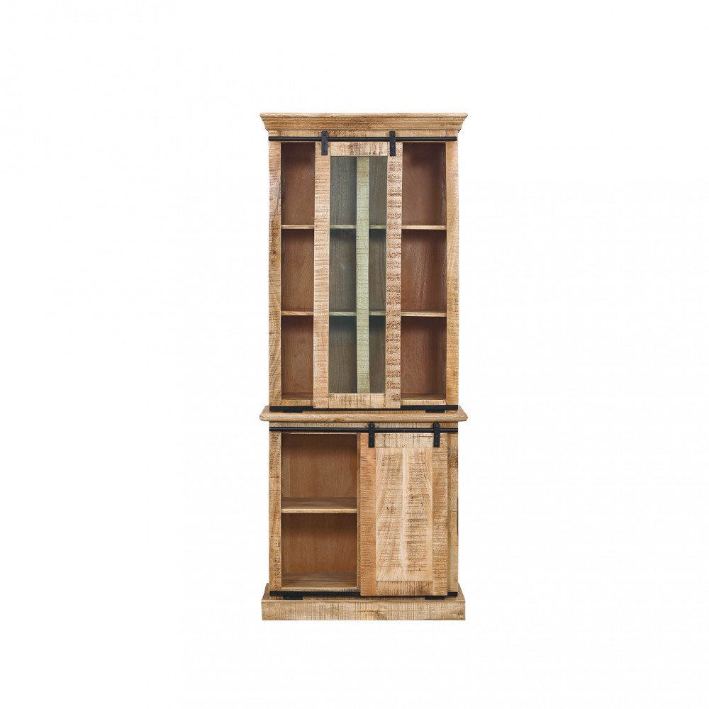 Credenza NORWELL marrone rustica frontale con vani aperti e anta centrale su binario