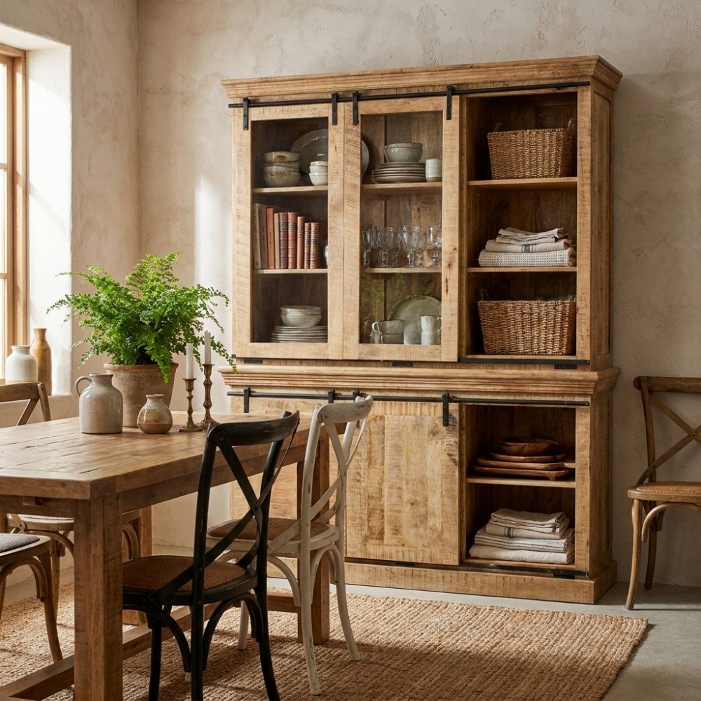 Credenza OSMOND marrone in soggiorno con tavolo e sedie, vista frontale e ripiani con stoviglie