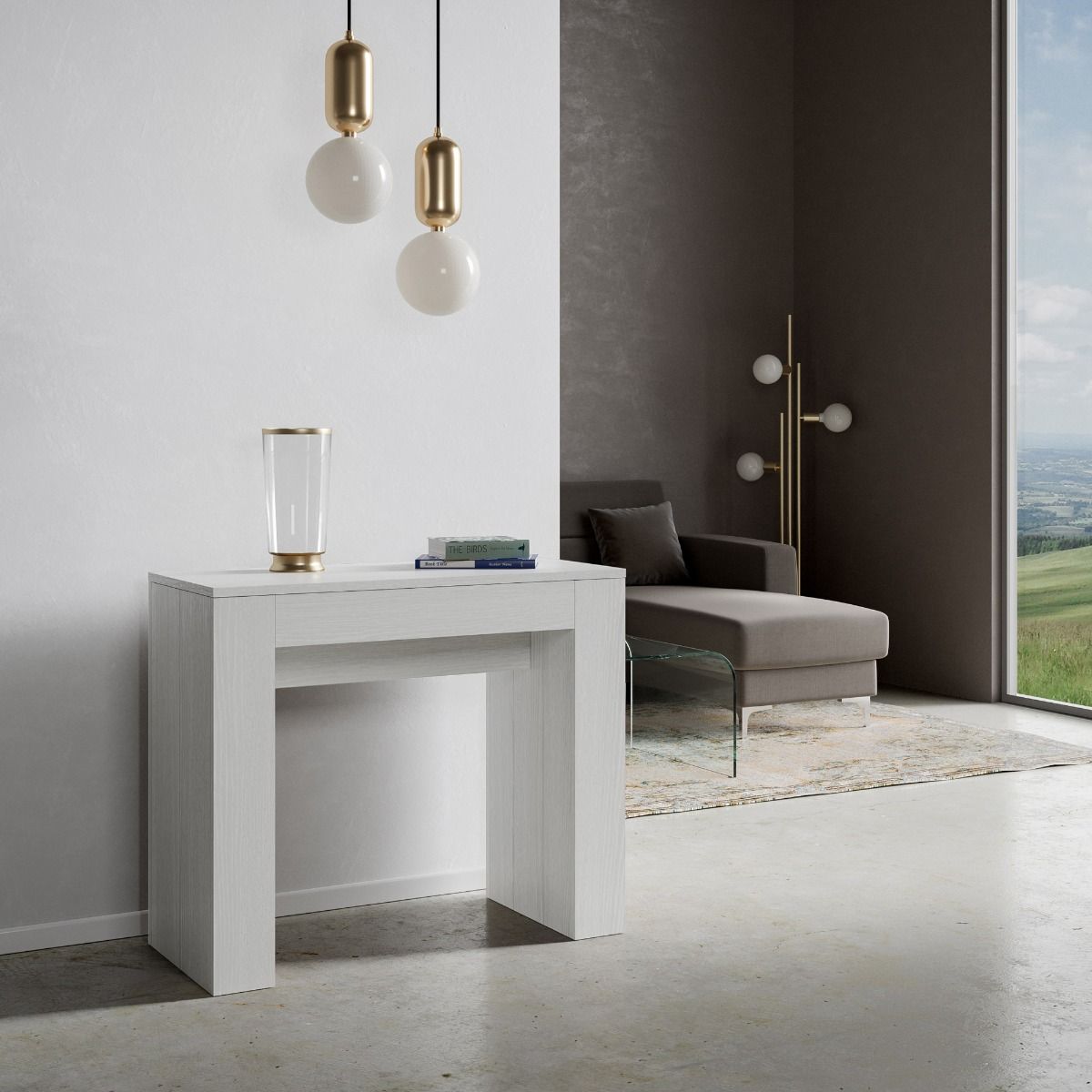 Consolle MODEM bianco frassino in ambiente con chaise longue grigia e lampade a sospensione #colore_Bianco Frassino