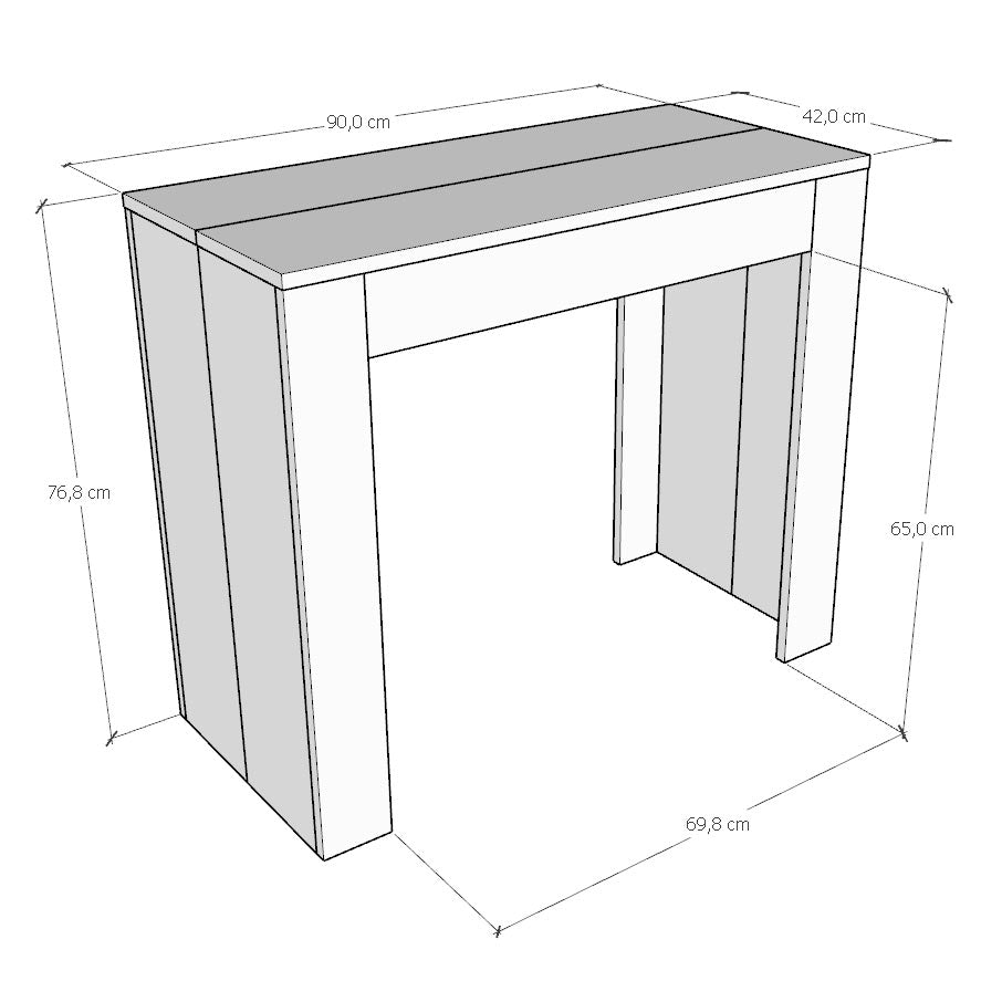 Disegno tecnico della consolle EMY bianco spatolato chiusa, quote 90 x 42 x 77 cm #colore_Bianco Spatolato
