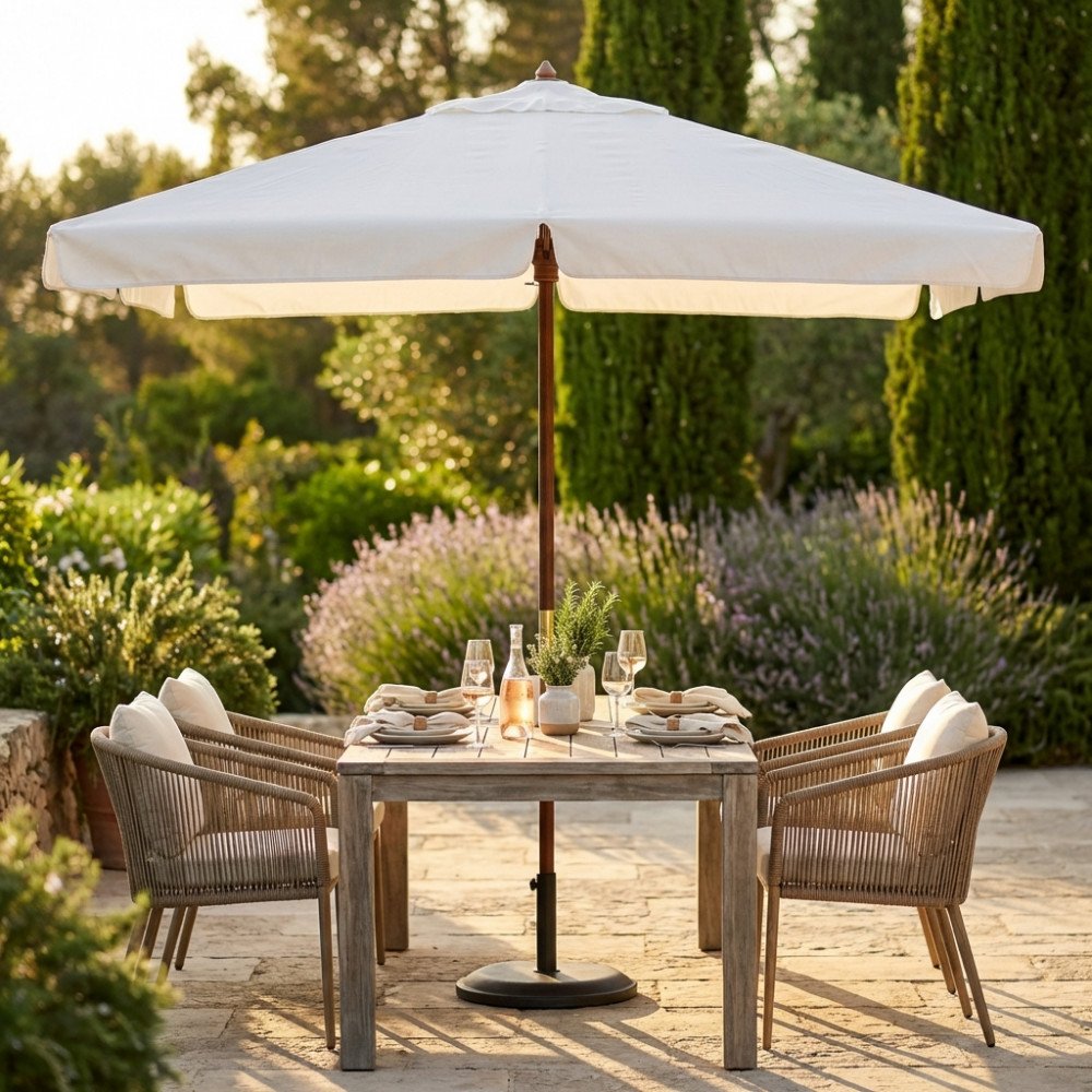 Ombrellone LENA bianco crema nel giardino mediterraneo, palo passante nel tavolo in legno grigio #colore_Bianco