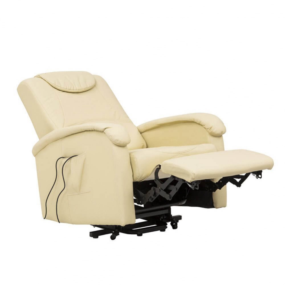 Poltrona relax PRIME beige reclinata con poggiapiedi esteso su fondo bianco #colore_Beige