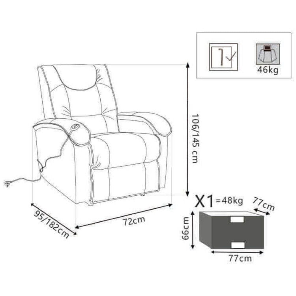Disegno tecnico della poltrona PEACE con misure: altezza 106/145 cm, larghezza 72 cm, profondità 95/182 cm #colore_Beige