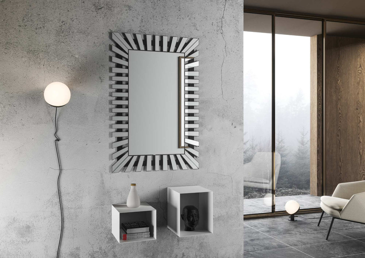 Specchio da parete YENGE con cornice a raggiera di lastre inclinate in ambiente moderno, turchese #colore_Turchese