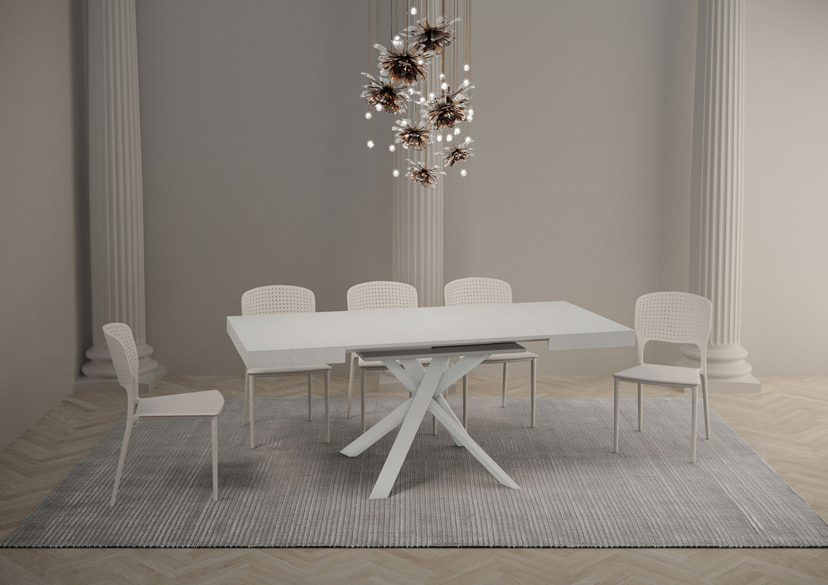 Tavolo da pranzo CLERK bianco frassino allungato con quattro sedie in una sala luminosa #colore_Bianco Frassino