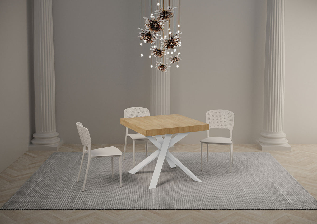 Tavolo da pranzo CLERK quercia naturale chiuso in ambiente con tappeto grigio e lampadario floreale #colore_Quercia Natura