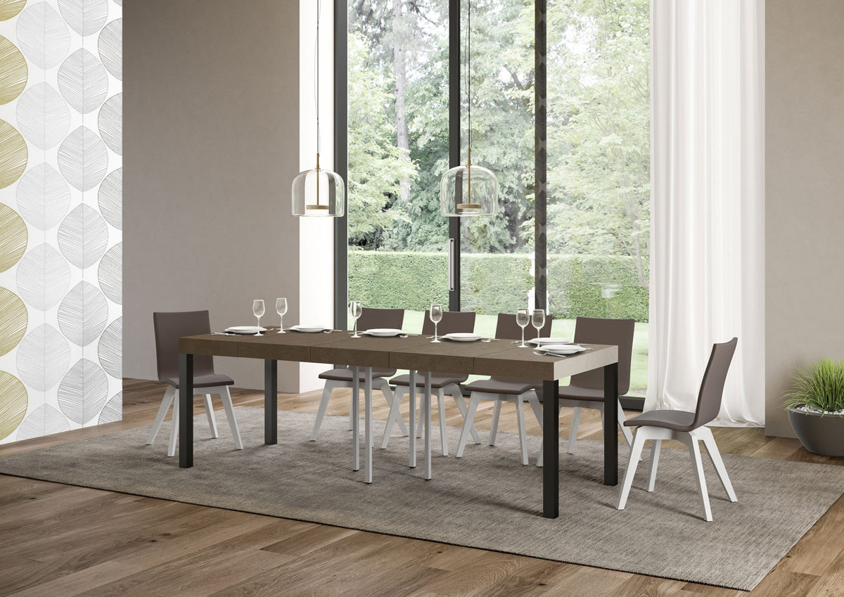 Tavolo EVERYDAY PREMIUM tortora allungato al massimo con sei sedie e giunzione centrale visibile #colore_Tortora