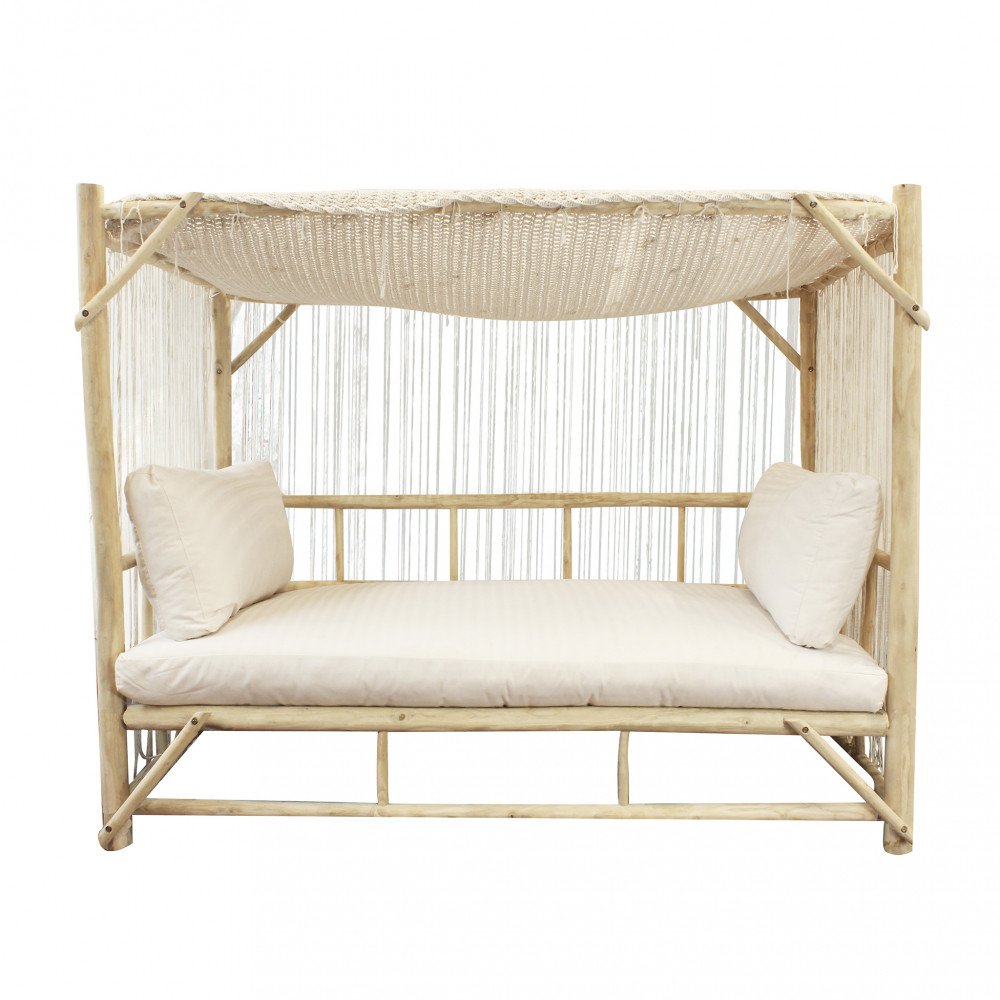 Letto CAMBRIGE marrone chiaro con tetto in cotone, fotografato su sfondo bianco