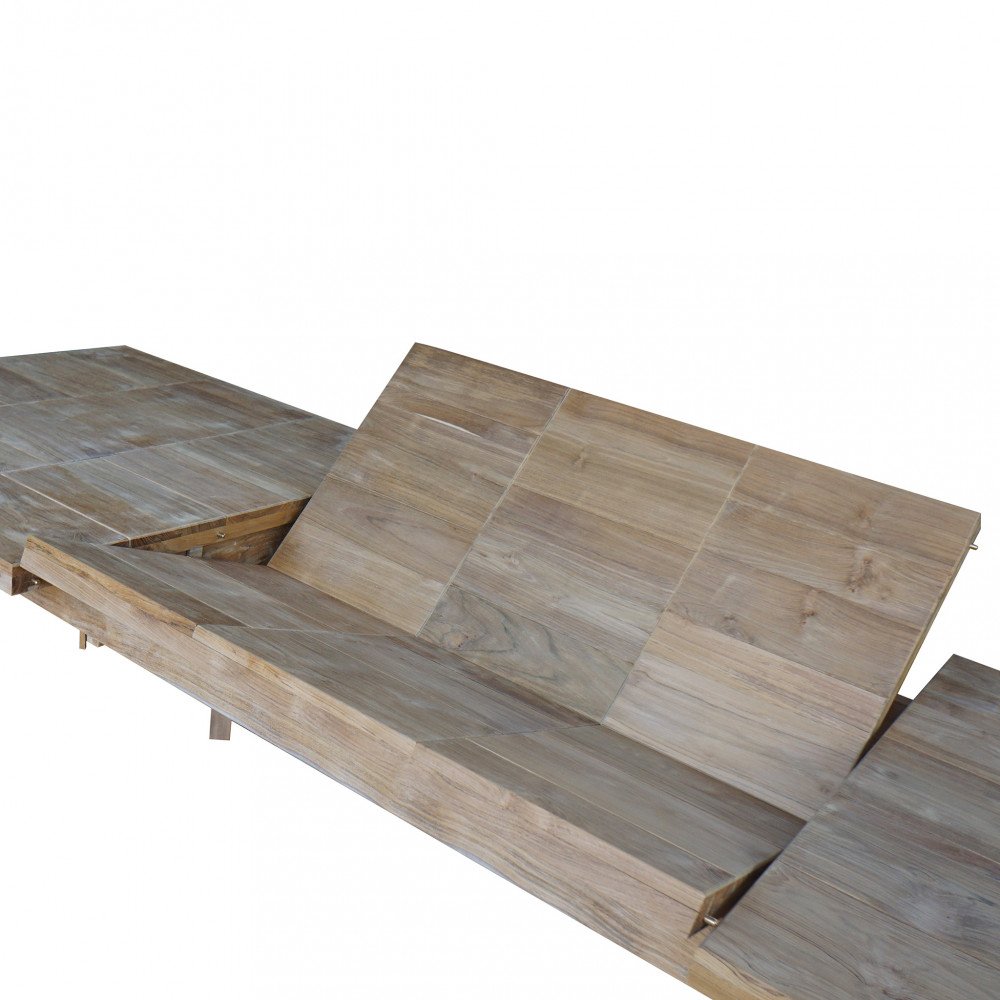 Dettaglio della prolunga centrale sollevata del tavolo BENARES marrone, doghe in teak visibili