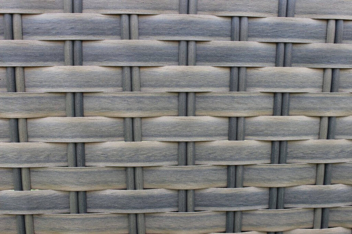 Dettaglio ravvicinato dell'intreccio in rattan sintetico grigio del salotto TENERIFE