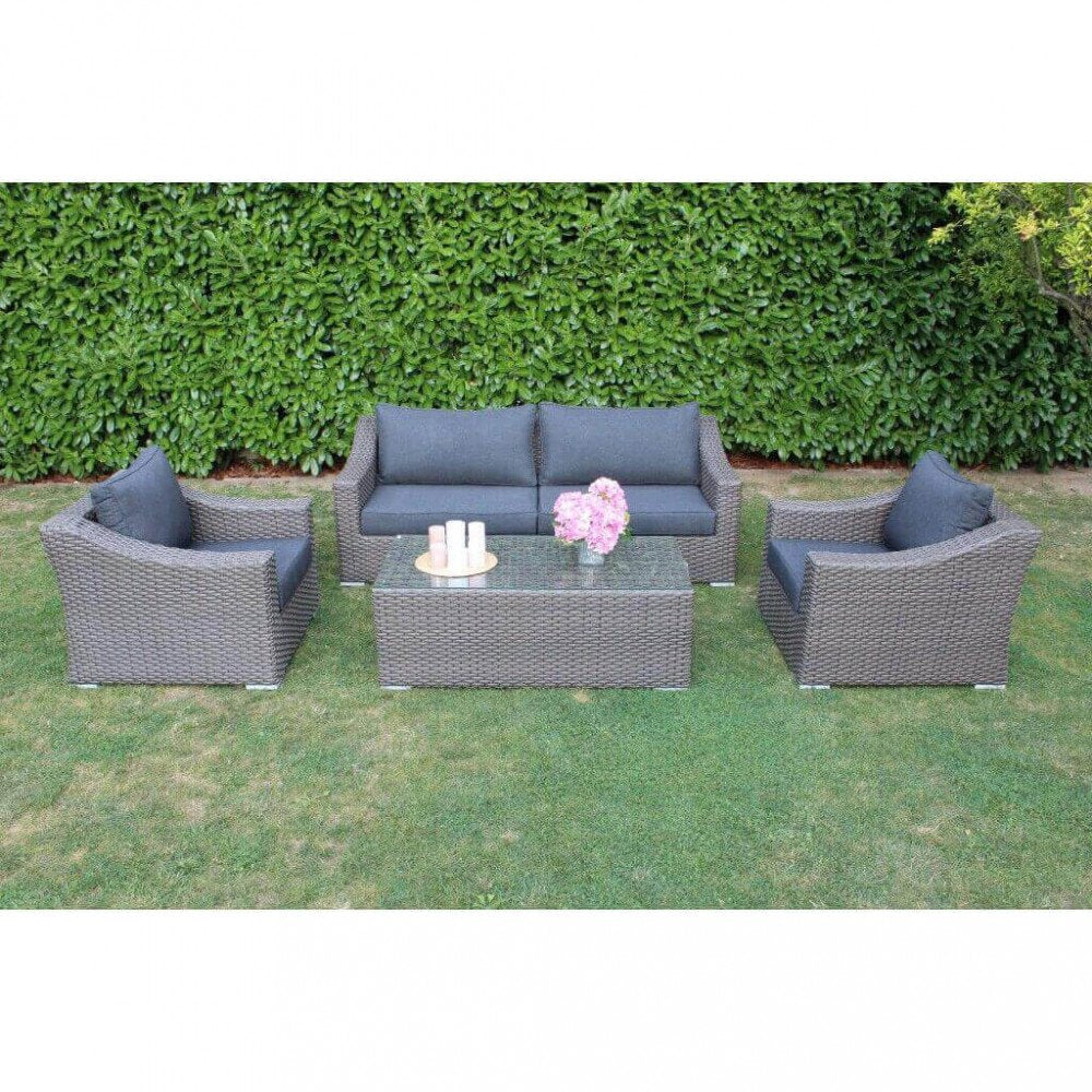 Salotto da giardino LANZAROTE grigio in rattan con due poltrone e divano, vista frontale