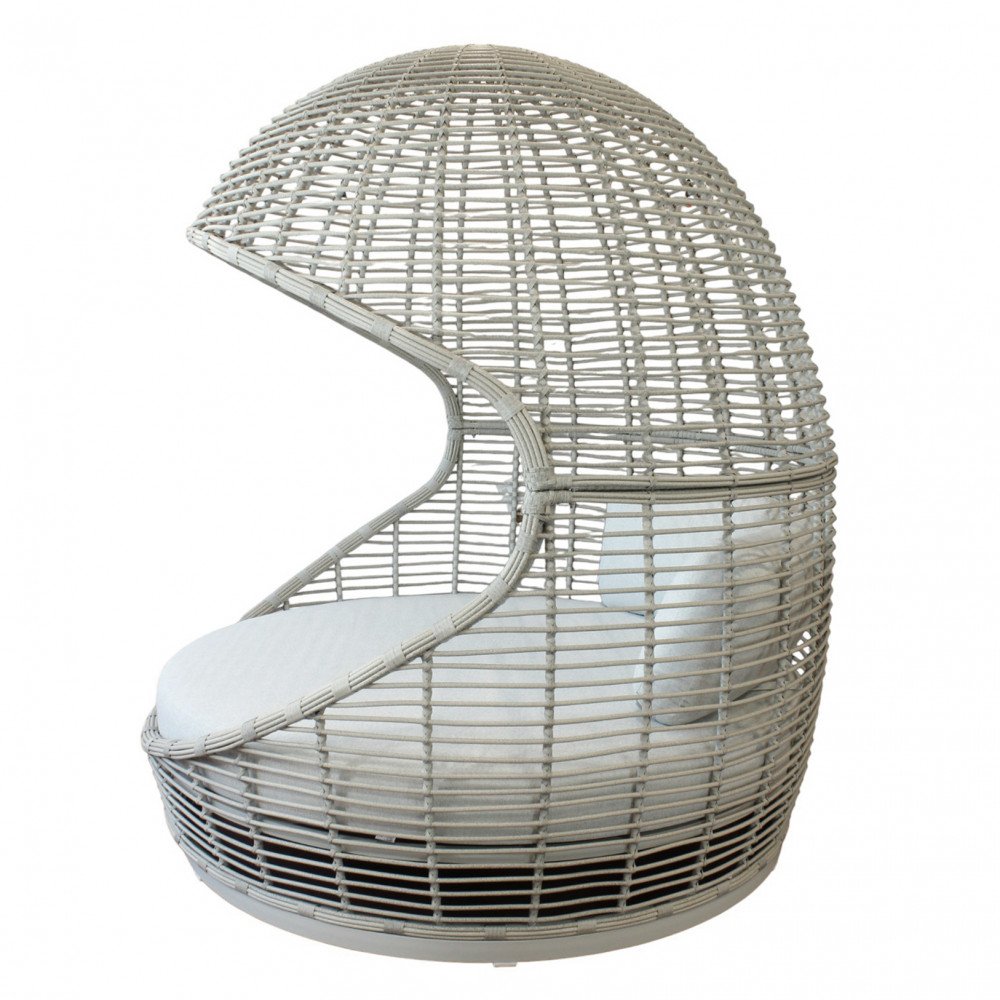 Lettino prendisole USHUAIA grigio chiaro con cupola in wicker, ripreso di lato su sfondo bianco