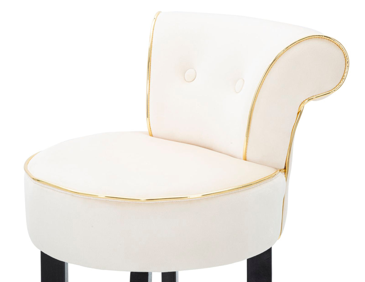 Sgabello alto LUXY crema, vista laterale con schienale arrotolato e bordo dorato #colore_Crema